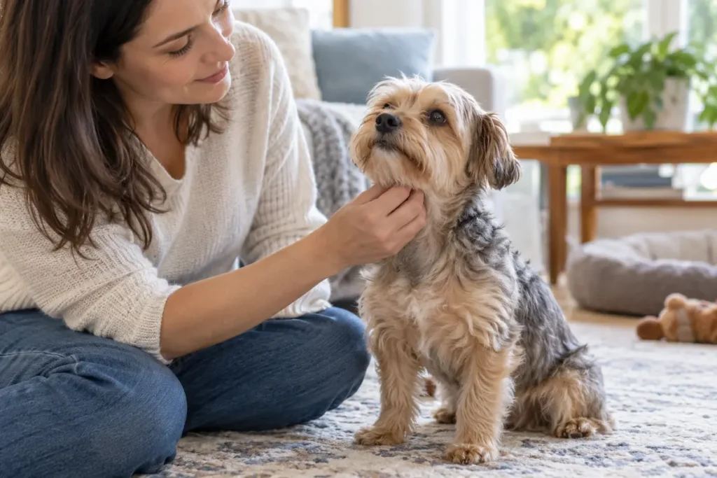 Ters hapşırma sırasında köpeğinin boğaz bölgesini nazikçe okşayan pet sahibi.