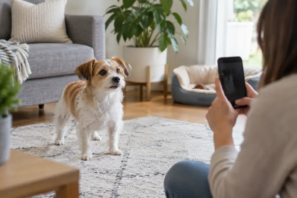 Köpeğinin kısa solunum atağını veteriner hekime göstermek için telefonla kaydeden pet sahibi.