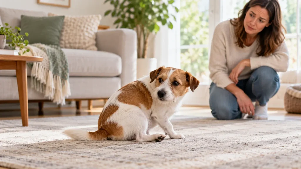 Arka kısmını halıya sürten küçük yetişkin ev köpeği.