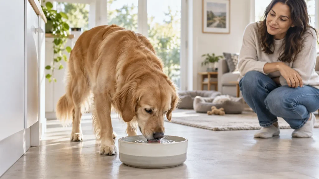 Su kabından normalden fazla su içen yetişkin köpek.