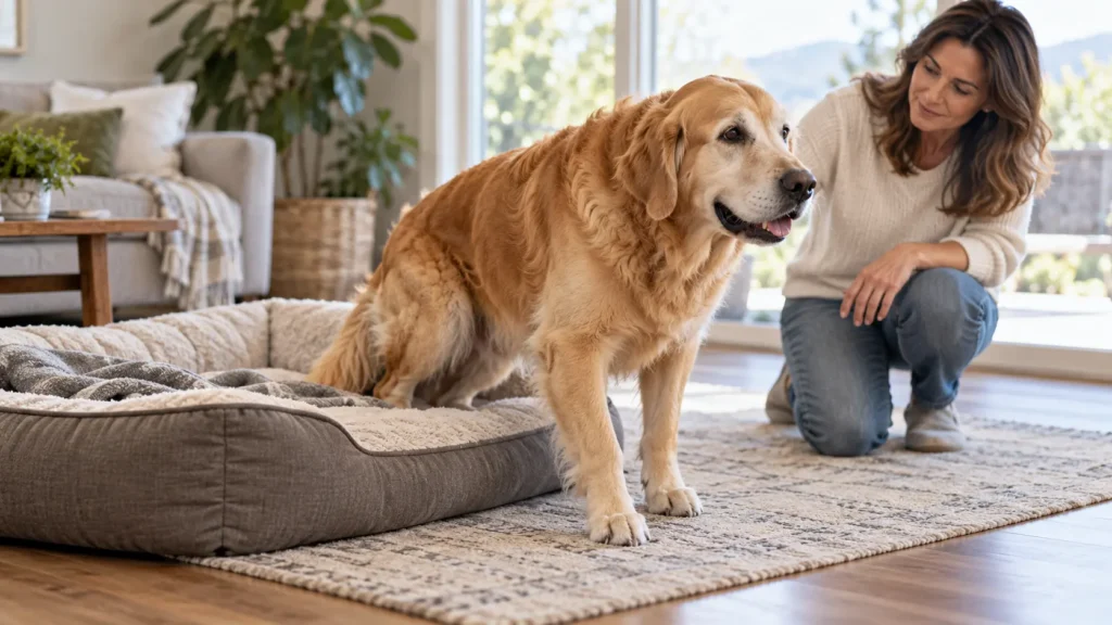Büyük ırk köpeğin yerden kalkarken arka bacak hareketlerini dikkatle kullandığı an.