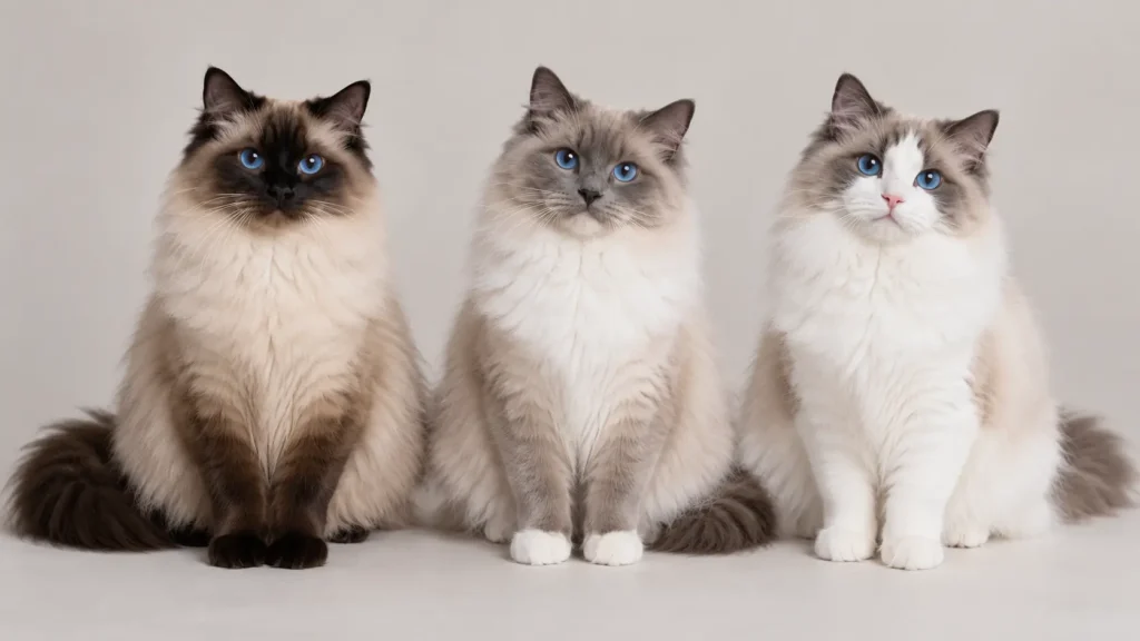 Colorpoint, mitted ve bicolor desenlerine sahip üç farklı Ragdoll kedisi.