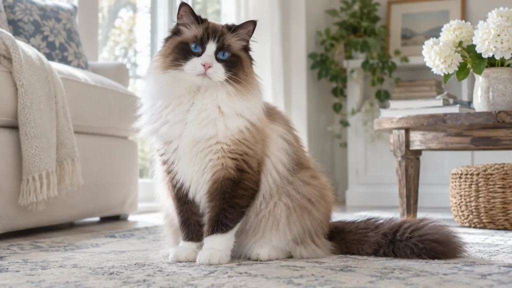 Mavi gözleri ve yarı uzun ipeksi tüyleriyle yetişkin Ragdoll kedisi.