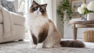 Mavi gözleri ve yarı uzun ipeksi tüyleriyle yetişkin Ragdoll kedisi.