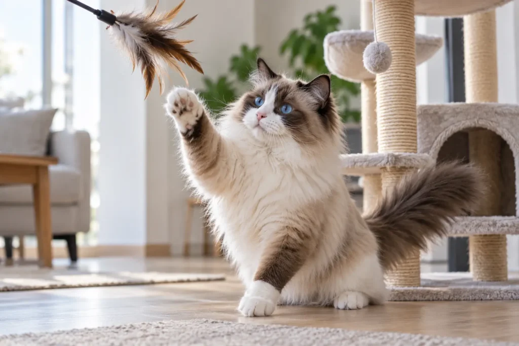 Ragdoll kedisinde günlük oyun ve sağlıklı kilo kontrolü için interaktif aktivite.