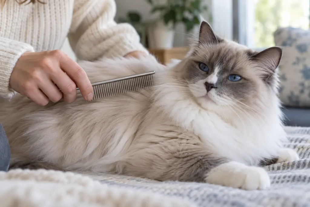 Ragdoll kedisinin yarı uzun tüylerinin metal tarakla nazikçe taranması.