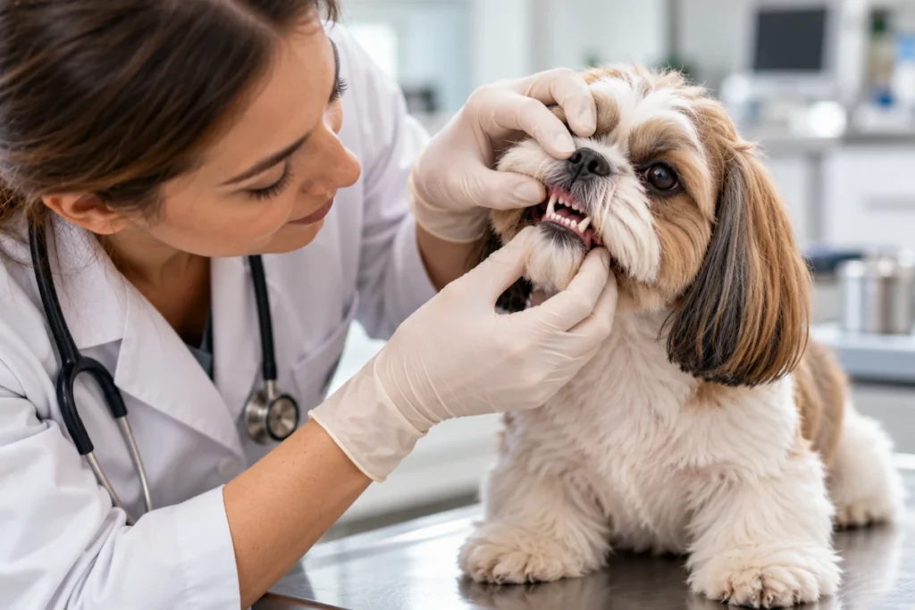Shih Tzu'nun ağız ve dişlerini kontrol eden veteriner hekim.