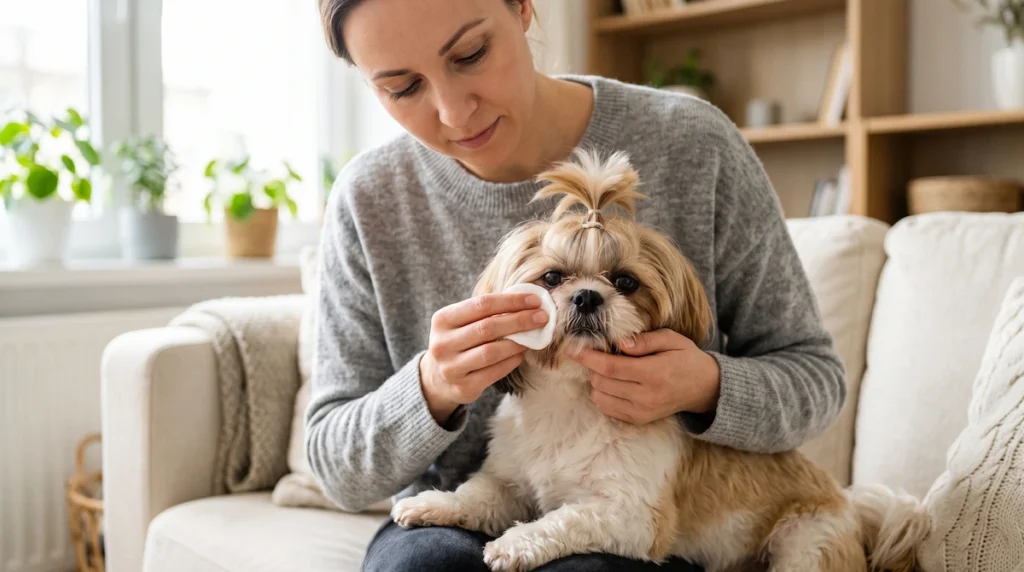 Shih Tzu'nun göz çevresini yumuşak temiz bir pedle nazikçe temizleyen pet sahibi.