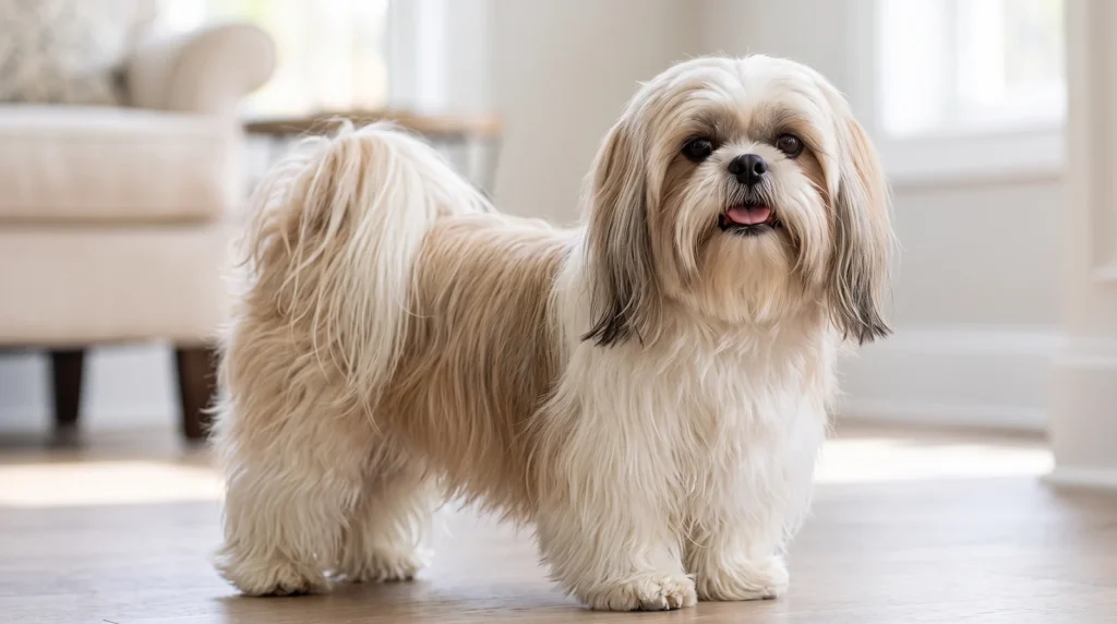Uzun ve bakımlı kürke sahip sağlıklı yetişkin Shih Tzu köpeği.