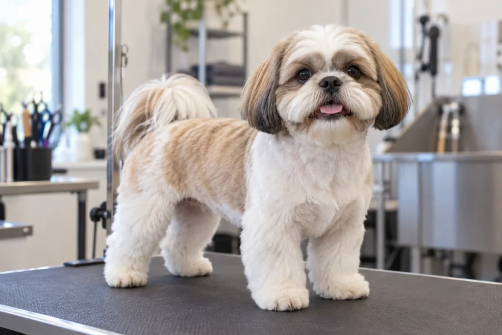 Pratik kısa Puppy Cut kesimine sahip sağlıklı Shih Tzu köpeği.