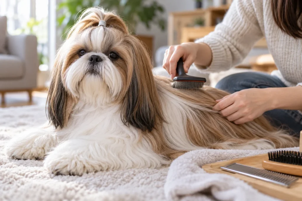 Uzun tüylü Shih Tzu'yu katmanlar halinde nazikçe tarayan köpek sahibi.