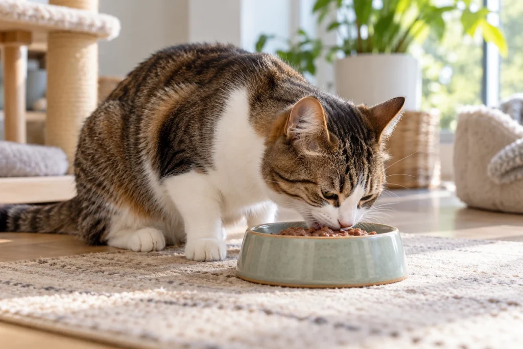 Dental tedavi sonrası rahat şekilde mama yiyen sağlıklı yetişkin kedi.
