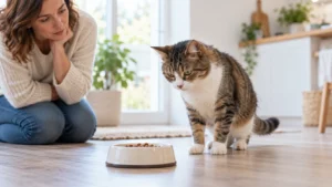 Mama kabına yaklaşan ancak ağız rahatsızlığı nedeniyle yemekte tereddüt eden yetişkin kedi.