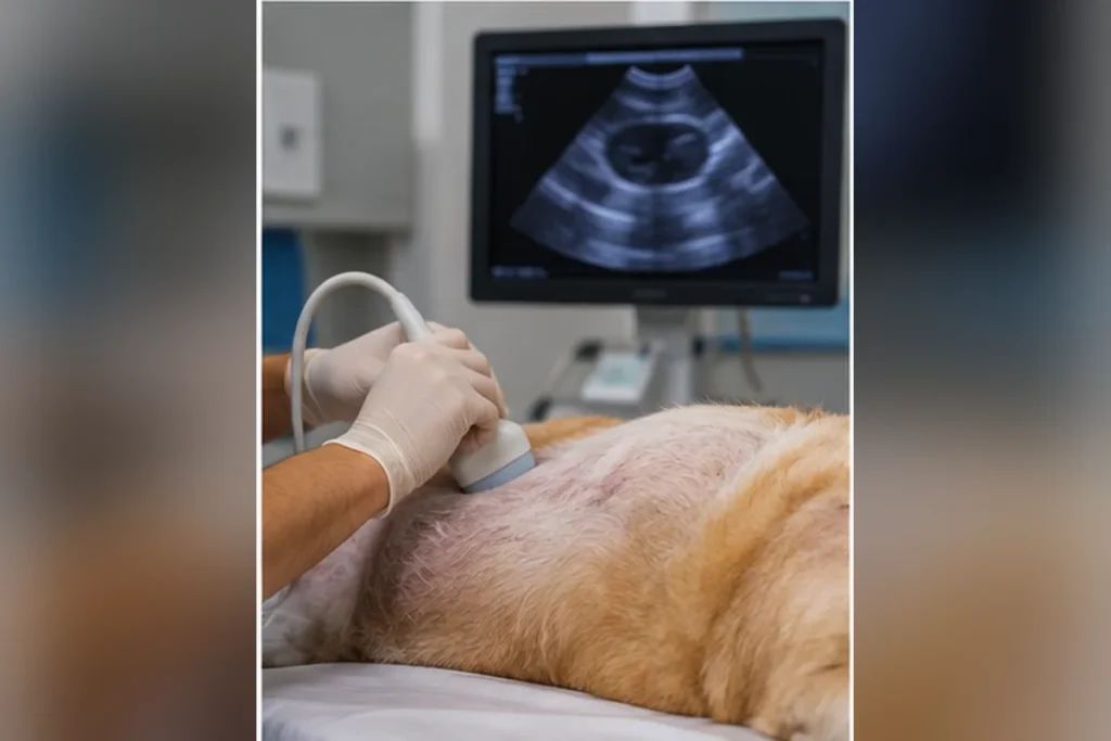 Köpeğe karın ultrasonu uygulayan veteriner hekim ve ekrandaki temsili ultrason görüntüsü.